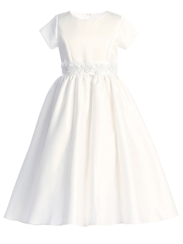Girls White Satin Silver Corded Trim Waist Plus Size Communion Dress 10.5-20.5 - SophiasStyle.com